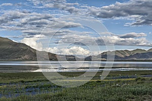 Beautiful tibetan landscape beetwen Samding Monastery on Yamdrok Lake, Tibet