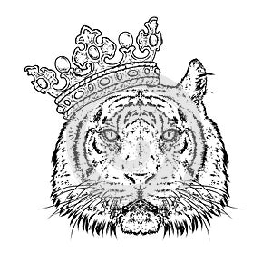 Beautiful tiger in the crown. Vector illustration for a postcard or a poster, print for clothes. Predator.