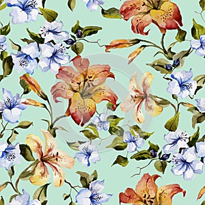 Beautiful tiger lilies and small blue flowers on twigs against light blue background. Seamless floral pattern. Watercolor painting