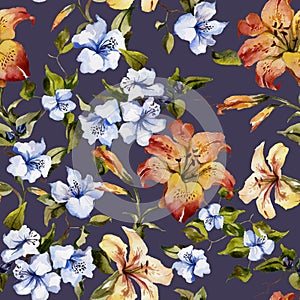 Beautiful tiger lilies and small blue flowers on twigs on deep purple background. Seamless floral pattern. Watercolor painting.