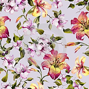 Beautiful tiger lilies and small pink flowers on twigs against light lilac background. Seamless floral pattern. Watercolor paintin