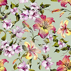 Beautiful tiger lilies and small purple flowers on twigs against light green background. Seamless floral pattern.