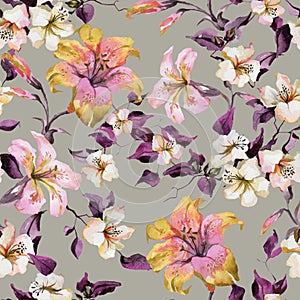 Beautiful tiger lilies and small white flowers on twigs against light background. Seamless floral pattern. Watercolor painting.
