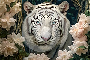 Beautiful tiger portrait among jungle flowers.AI generated