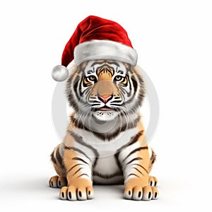 Beautiful Tiger In Santa Hat - 3d Rendering photo