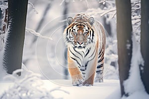 Beautiful tiger walking in snowy forest. Generative AI