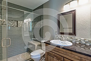 Beautiful tiled shower in remodeled bathroom dark countertop gray blue walls