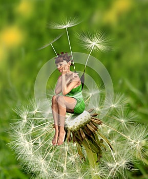 Beautiful tiny little Dandelion Fae sitting on a dandelion flower