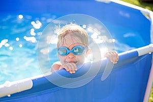 Beautiful toddler child, blond boy, swimming in a pool in backyard