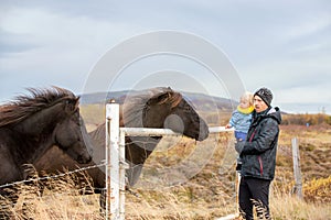 Beautiful toddler child with dad, fondle horses in the nature, early in the morning on a windy autumn day