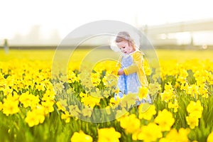 Beautiful toddler girl field of yellow daffodil flowers