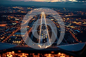 Beautiful top view of the airport runways at night. Generated by artificial intelligence