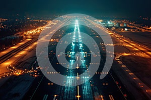 Beautiful top view of the airport runways at night. Generated by artificial intelligence