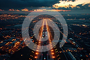 Beautiful top view of the airport runways at night. Generated by artificial intelligence