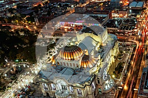 Beautiful top view of Bellas artes at night, Mexico City, Mexico