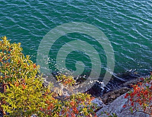 Beautiful top view of cliffs and bays with clear sea. Travel photo, selective focus, concept photo nature