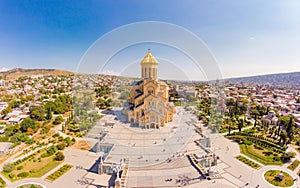 Beautiful Top view from drone to Main attraction of Tbilisi - Cathedral Tsminda Sameba Holy Trinity biggest church