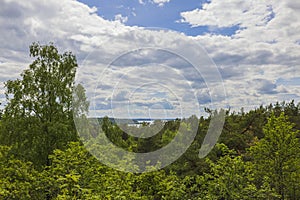 Beautiful top view of forest landscape panorama with large lake in background. Sweden.