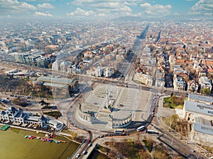 Beautiful top view on the morning city park, Heroes Square, lake, museum, roofs buildings in Budapest.