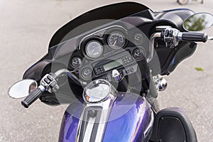 Beautiful top view of the motorcycle, motorcycle gas tank, motorcycle flatbar, shiny chrome, gas handle