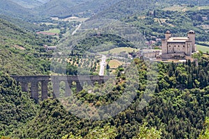 Beautiful top view of the Ponte delle Torri bridge and the Rocca Albornoziana fortress in Spoleto, Italy photo