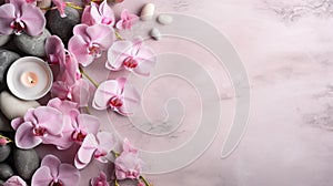 Beautiful top view spa composition with pink orchid flowers and candles on light background