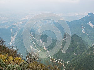 Beautiful Top view of Tongtian Road the winding Road  99  curves road to The Heaven`s Gate, Zhangjiagie