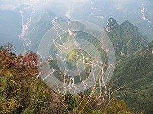 Beautiful Top view of Tongtian Road the winding Road  99  curves road to The Heaven`s Gate