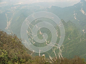 Beautiful Top view of Tongtian Road the winding Road  99  curves road to The Heaven`s Gate, Zhangjiagie