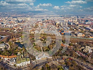 Beautiful top view of the zoo in Budapest. Top view of the railway, houses and city park. Spring.