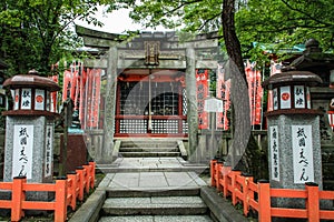 Beautiful tori stoned gates and lanterns, kyoto, kansai, Japan