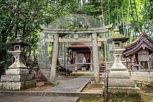 Beautiful tori stoned gates and lanterns, kyoto, kansai, Japan