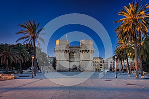 Beautiful Torres de Serranos 14th century gate to the city of Valencia, Spain photo