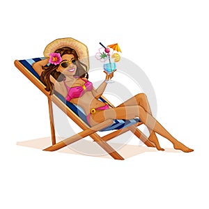 A beautiful tourist girl in a swimsuit resting on a deckchair with a cocktail in her hands. Vector beach illustration.