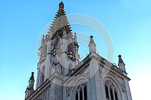 Beautiful tower of Constance Cathedral with intricate ornaments. Konstanz Minster, Germany.