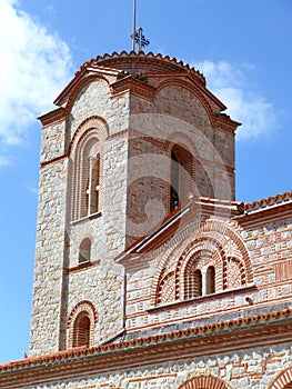 Beautiful tower of Saint Clement Church under vibrant blue sky, Ohrid, Macedonia