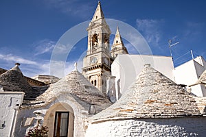 Beautiful town of Alberobello with typical trulli houses built from stone, main touristic district, Apulia region, Southern Italy