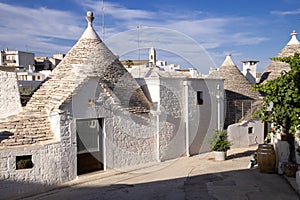 Beautiful town of Alberobello with typical trulli houses built from stone, main touristic district, Apulia region, Southern Italy