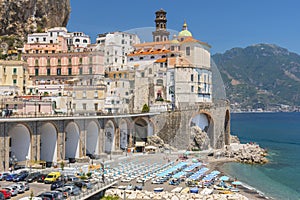 Beautiful town of Atrani at famous Amalfi Coast with Gulf of Salerno, Campania, Italy.