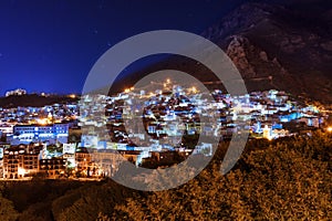 The beautiful town of Chefchaouen in the Rif Montains, Morocco, at night photo