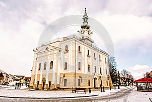 Beautiful town hall in main square, Kezmarok, Slovakia, yellow f