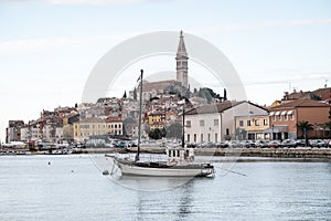 Beautiful town of Rovinj and its famous church Saint Euphemia with recognizable tower high above the houses