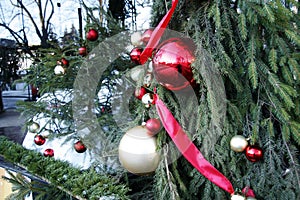 Beautiful toys hang on a christmas tree