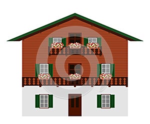 Beautiful traditional austrian wooden mountain house, isolated. Alpine chalet. Vector illustration.