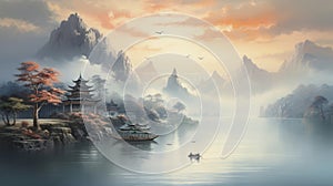 Beautiful Traditional Chinese Landscape Painting featuring Misty Mountains, Temples and a Serene Lake