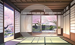Beautiful traditional japanese living room with sliding doors opened. Garden with cherry blossom visible in the background. Anime