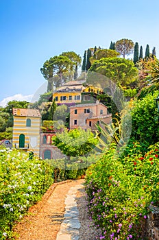 Beautiful traditional street with flowers of the Portofino,  Liguria, Italy