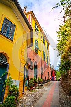 Beautiful traditional street of the Portofino,  Liguria, Italy