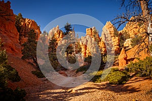 Beautiful trail between red mountain peaks in Dixie National Forest, Utah