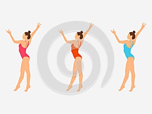 Beautiful training yoga poses. Girl exercises. Set of women doing sports, dancing, Pilates, jumping, fitness. Sport women vector